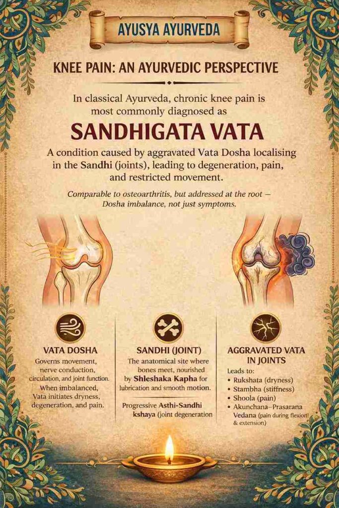 Ayusya Ayurveda infographic explaining knee pain from an Ayurvedic perspective, focusing on Sandhigata Vata and the imbalance of Vata Dosha