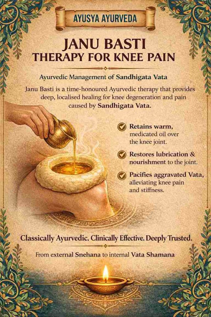 Ayusya Ayurveda Janu Basti therapy infographic for knee pain treatment, highlighting benefits like retaining warmth, restoring lubrication, and pacifying aggravated Vata.