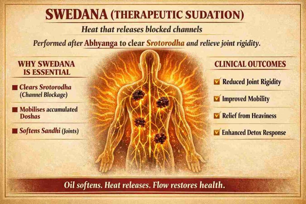 Ayusya Ayurveda infographic explaining Swedana therapy, emphasizing its benefits in reducing joint rigidity, improving mobility, and enhancing detox response.Ayusya Ayurveda infographic explaining Swedana therapy, emphasizing its benefits in reducing joint rigidity, improving mobility, and enhancing detox response.