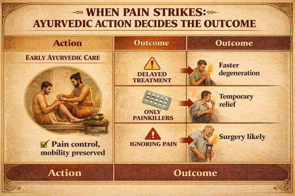 Ayusya Ayurveda infographic showing the impact of early Ayurvedic care versus delayed treatment for joint pain, with outcomes like faster degeneration and temporary relief.