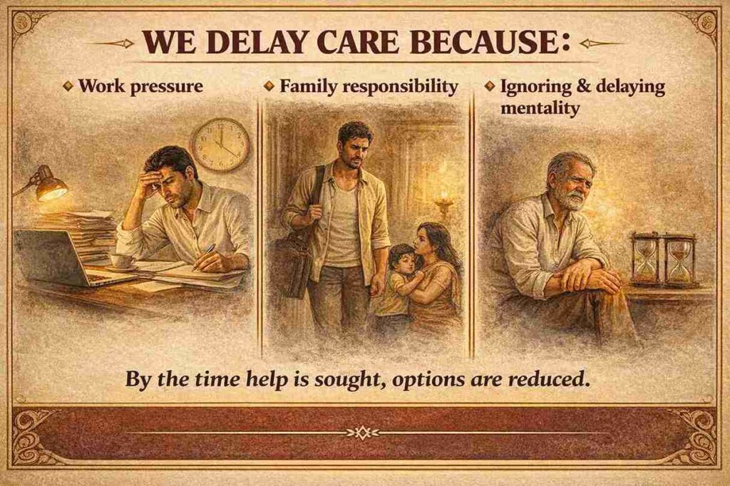 Ayusya Ayurveda infographic depicting the reasons for delayed care, including work pressure, family responsibility, and ignoring pain, with consequences of reduced treatment options.