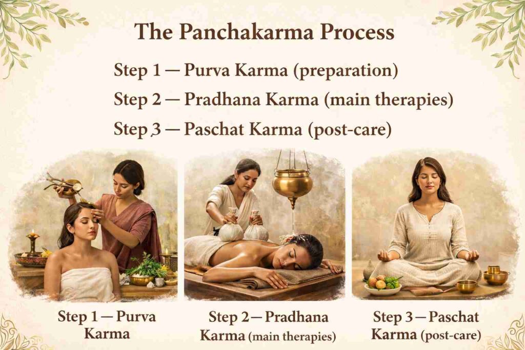 Illustration showing the Panchakarma process in Ayurveda with three stages: Purva Karma preparation therapy, Pradhana Karma main detox therapies, and Paschat Karma post-treatment care and relaxation.