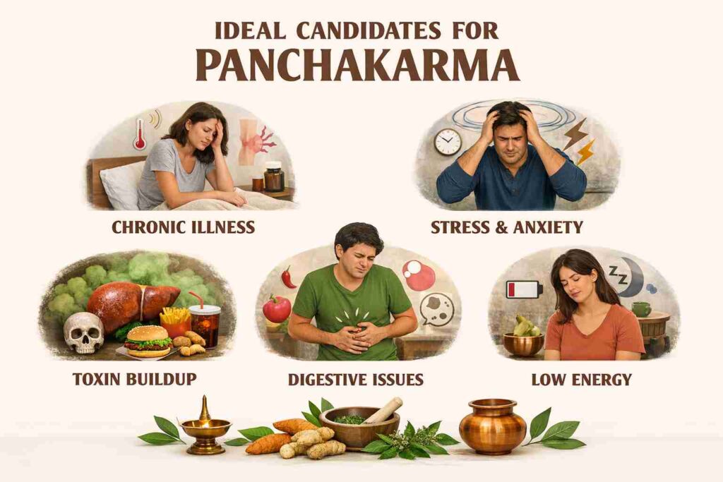 Graphic explaining ideal candidates for Panchakarma therapy including people with chronic illness, stress and anxiety, toxin buildup, digestive issues, and low energy.