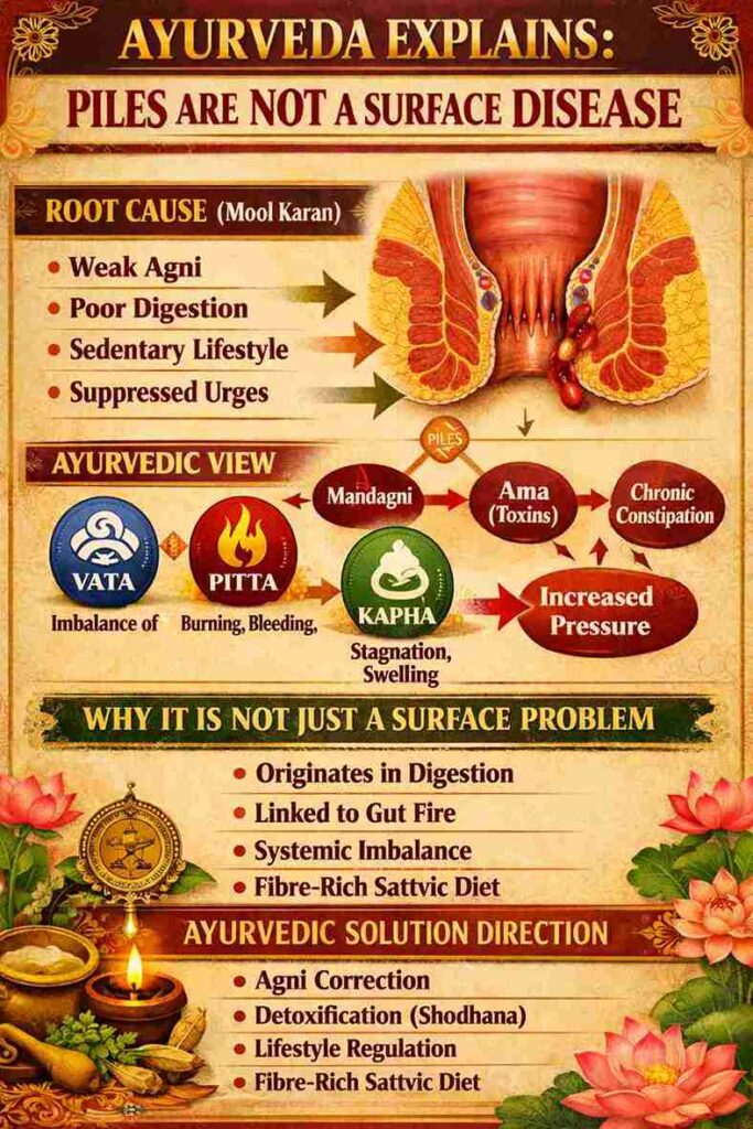 Ayurvedic explanation of piles showing root causes like poor digestion, weak agni and lifestyle factors